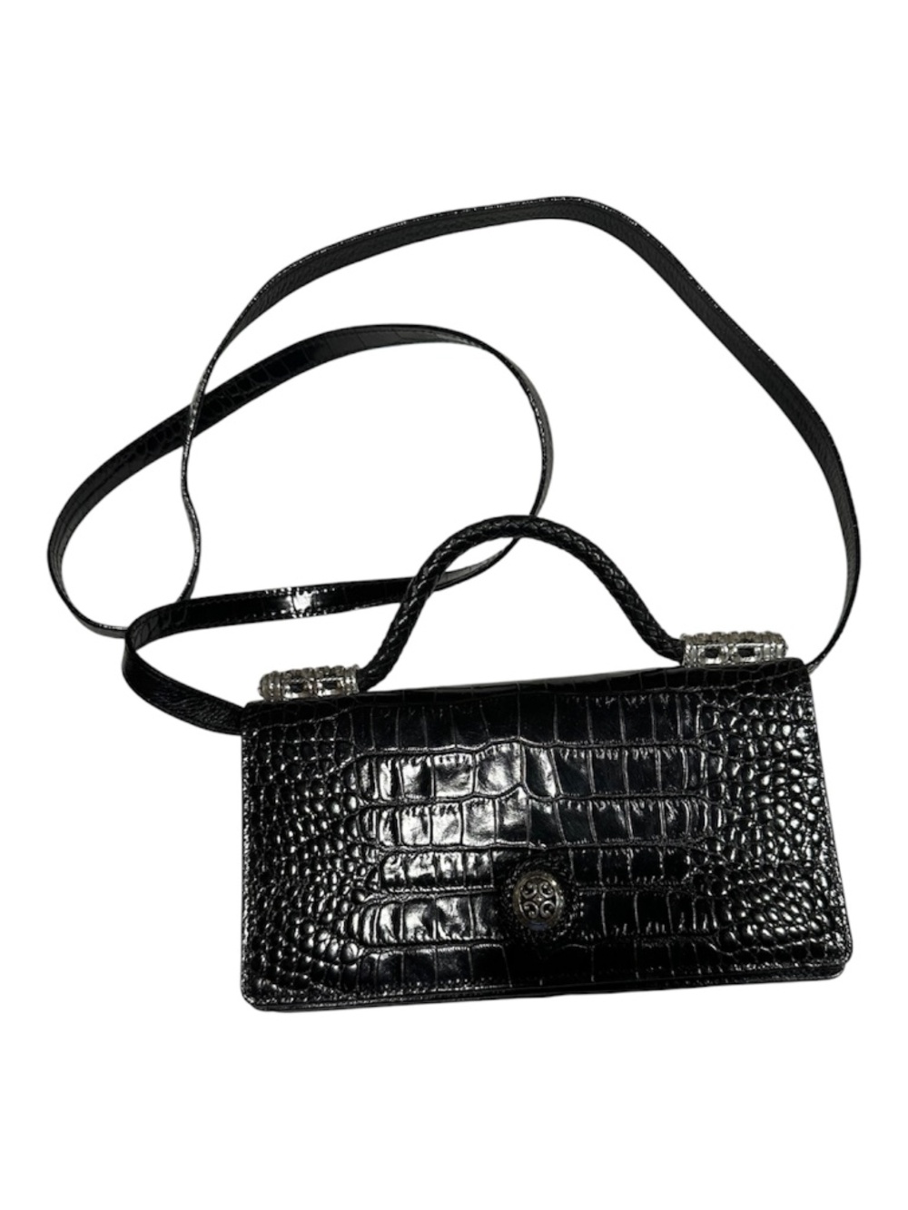 Brighton Black Croc Embossed Leather Crossbody Wallet Purse Organizer Silver Har
